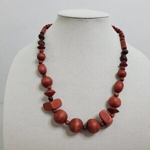 Red Beaded Wood Necklace Geometric Tribal Ethnic‎ O